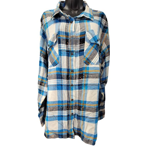 Blue Plaid Shirt Light Weight Long Sleeve Button-Up Pockets Womens 2X New - Picture 1 of 7